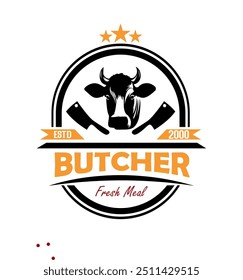 butcher shop template. beef and meat cleaver knife vector design, minimalism, stamp, badge, symbol, icon, for fresh meat shop logo