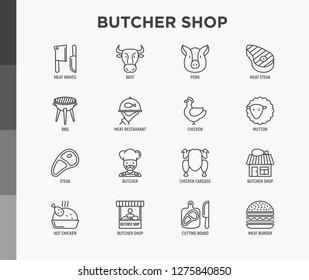 Butcher shop thin line icons set: meat steak, beef, pork, mutton, BBQ, chicken, burger, cutting board, meat knives. Modern vector illustration.