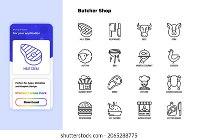 Butcher shop thin line icons set: meat steak, beef, pork, mutton, BBQ, chicken, burger, cutting board, meat knives. Modern vector illustration.