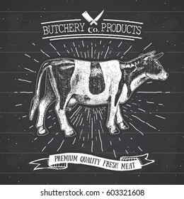 Butcher Shop vintage emblem beef meat products, butchery Logo template retro style. Vintage Design for Logotype, Label, Badge and brand design. vector illustration on chalkboard
