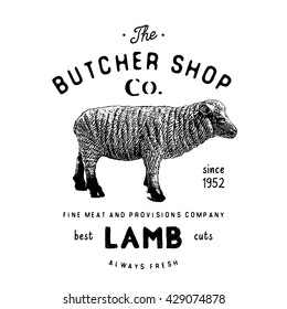 Butcher Shop vintage emblem lamb meat products, butchery Logo template retro style. Vintage Design for Logotype, Label, Badge and brand design. vector illustration isolated on white.