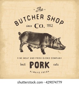 Butcher Shop vintage emblem pork meat products, butchery Logo template retro style. Vintage Design for Logotype, Label, Badge and brand design. vector illustration.