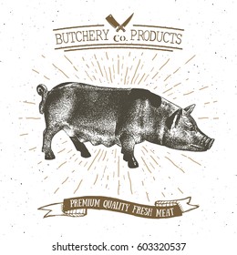 Butcher Shop vintage emblem pork meat products, butchery Logo template retro style. Vintage Design for Logotype, Label, Badge and brand design. vector illustration.