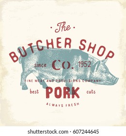 Butcher Shop vintage emblem pork meat products, butchery Logo template retro style. Vintage Design for Logotype, Label, Badge and brand design. vector illustration