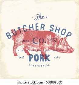 Butcher Shop vintage emblem pork meat products, butchery Logo template retro style. Vintage Design for Logotype, Label, Badge and brand design. vector illustration