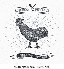 Butcher Shop vintage emblem rooster meat products, butchery Logo template retro style. Vintage Design for Logotype, Label, Badge and brand design. vector illustration.