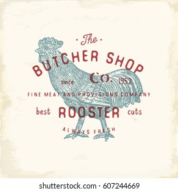 Butcher Shop vintage emblem rooster meat products, butchery Logo template retro style. Vintage Design for Logotype, Label, Badge and brand design. vector illustration.