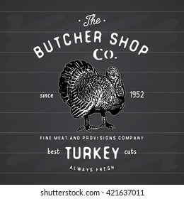 Butcher Shop vintage emblem turkey meat products, butchery Logo template retro style. Vintage Design for Logotype, Label, Badge and brand design. vector illustration on chalkboard.