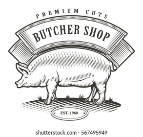 Butcher shop vintage logo. All elements - pig,flag,text on the separate layer.