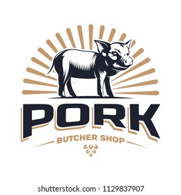 Butcher Shop vintage logo design template with pork or pig silhouette isolated on white background - Hand drawn vector illustration in retro style. Gold and white emblem, badge, sticker or label