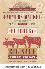 Butcher shop vintage poster fresh meat beef, pork, lamb. Farm market. Cow, chicken, pig, sheep, chicken meat cuts. Butchery retro poster hand drawn vector 