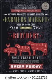 Butcher shop vintage poster. Fresh meat beef, pork, lamb. Butchery retro poster chalkboard style hand drawn vector 