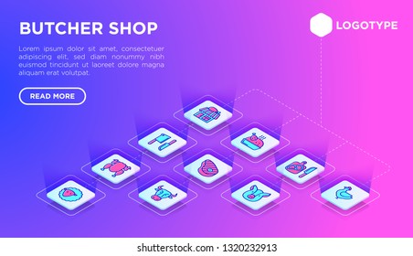 Butcher shop web page template with thin line isometric icons: meat steak, beef, pork, mutton, BBQ, chicken, burger, cutting board, meat knives. Modern vector illustration.