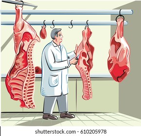 Butcher in a slaughterhouse, divides a side of beef in pieces of meat.