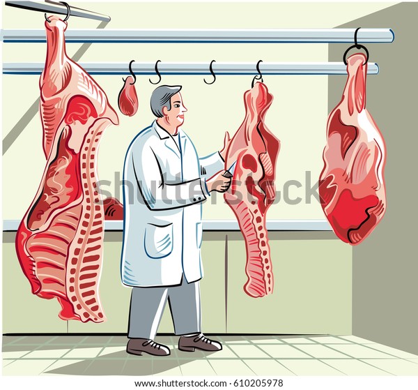 Butcher in a slaughterhouse, divides a side of beef\
in pieces of meat.
