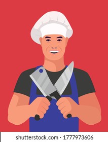 butcher stands with knives on a red background