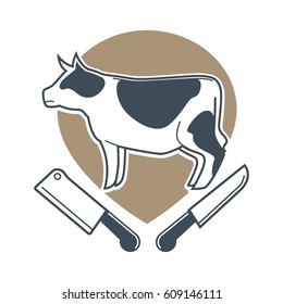 Butcher template logotype sign with white spotty cow and two meat knives under. Colorful label with big bossy and sharp elements for cutting beef. Animal product badge vector flat illustration