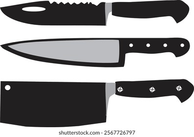 Butcher tools and different kitchen knife on white background. Butcher knives and Meat Cleaver, chef knife icons. Meat knives icons for restaurants, kitchens, butchery. Editable EPS 10.