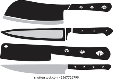 Butcher tools and different kitchen knife on white background. Butcher knives and Meat Cleaver, chef knife icons. Meat knives icons for restaurants, kitchens, butchery. Editable EPS 10.