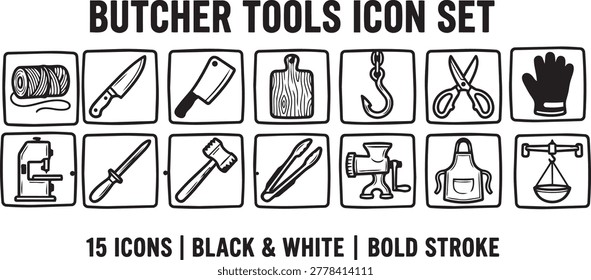butcher tools icon set black white bold stroke features 15 icons including butcher string, knives, cleaver, cutting board, hook, scissors, gloves, tenderizer, tongs, meat grinder, apron, and hanging scale.