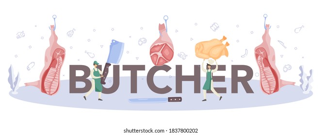 Butcher typographic header. Fresh meat and semi-finished products with ham and sausages, beef and pork. Meat market worker. Isolated vector illustration