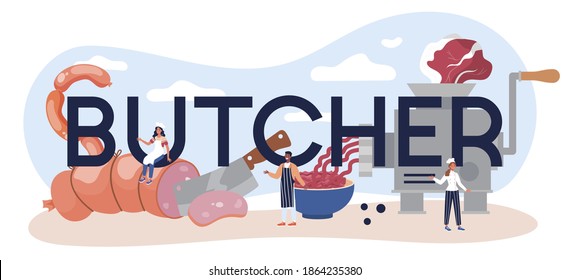 Butcher typographic header. Fresh meat and semi-finished products with ham and sausages, beef and pork. Meat market worker. Isolated vector illustration
