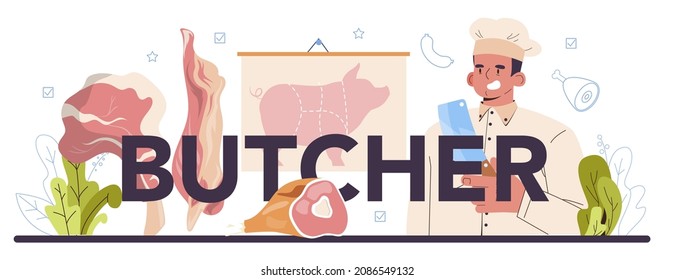 Butcher typographic header. Fresh meat and semi-finished products. Animal product market, slaughterhouse meat shop worker. Isolated vector illustration