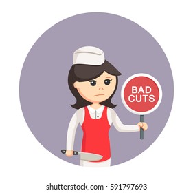 butcher woman with bad cuts sign in circle background