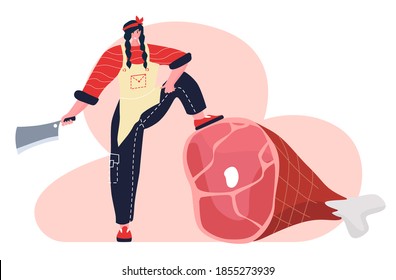 Butcher woman. Female profession. Feminism. Fresh meat and meat products with ham and sausages, beef and pork. Meat market worker. Isolated vector illustration