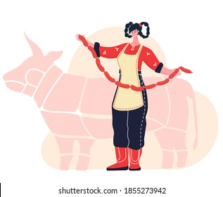 Butcher woman. Female profession. Feminism. Fresh meat and meat products with ham and sausages, beef and pork. Meat market worker. Isolated vector illustration