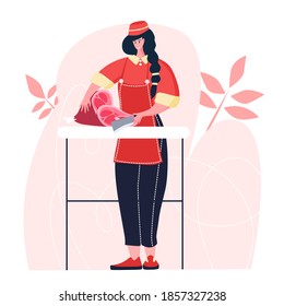 Butcher woman. Female profession. Feminism. Fresh meat and meat products with ham and sausages, beef and pork. Meat market worker. Isolated vector illustration