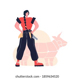 Butcher woman. Female profession. Feminism. Fresh meat and meat products with ham and sausages, beef and pork. Meat market worker. Isolated vector illustration