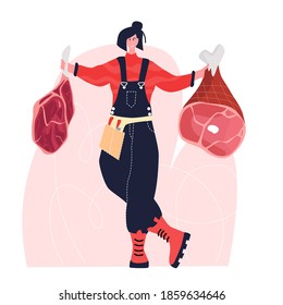 Butcher woman. Female profession. Feminism. Fresh meat and meat products with ham and sausages, beef and pork. Meat market worker. Isolated vector illustration