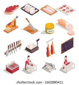 Butcher at work products tools accessories isometric set with knives sausage steak chicken drumsticks hanging meat vector illustration 