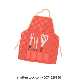 Butchers apron with grilling BBQ tools in pockets. Barbecue accessories and supplies, metal tongs, fork and spatula for chef cook. Kitchen wearing. Flat vector illustration isolated on white