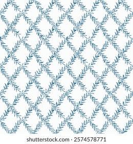 Butcher's broom twigs in a Trellis pattern. Vector vintage illustration. Blue and white