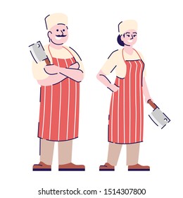 Butchers couple flat vector characters. Restaurant chef, butchery, professional workers cartoon illustration with outline. Man and woman with kitchen axes for cutting meat isolated on white background