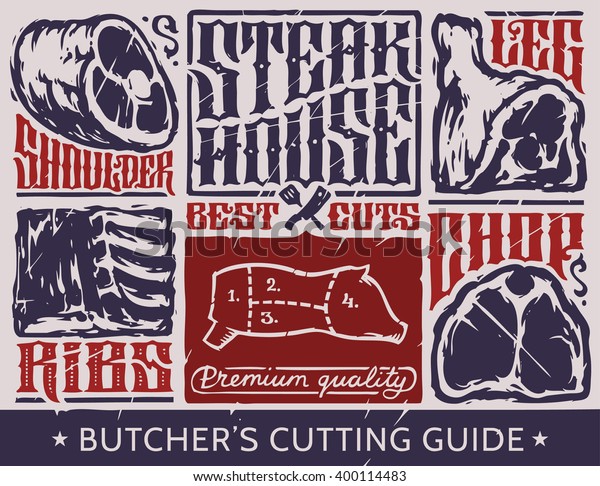 Butcher\'s cutting guide for\
pork.