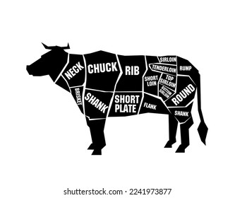 Butcher's guide: Cuts of beef scheme. Illustration of bull on white background