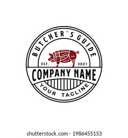 butcher's guide cutting pork swine pig bacon gammon ribs boar javelina hog grill barbecue barbeque label stamp sticker badge vintage logo design vector