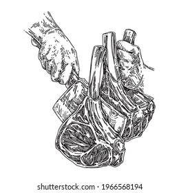 Butcher's hands cut meat with a cleaver. Sketch. Engraving style. Vector illustration.