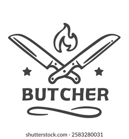 Butchers logo with crossed knives and fire line icon. Outline hand drawn emblem with stars and curl decorative elements, tool of chef to grill beef steak. Butchers logotype vector illustration