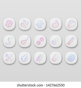 Butchers meat app icons set. Chicken drumsticks, breast and ham. Bacon, burger patties, steaks. Butchery business. UI/UX user interface. Web or mobile applications. Vector isolated illustrations