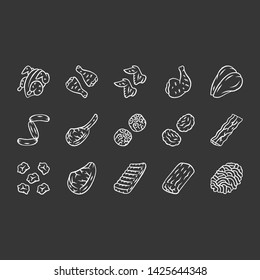 Metzger Fleisch Kreide Symbole Set. Hühnertrommeln, Brust und Schinken. Bacon, Hamburger, Steaks, Oxtails. Metzgerei. Fleischerzeugung. Proteinquellen. Illustrationen von isolierten Vektorillustrationen