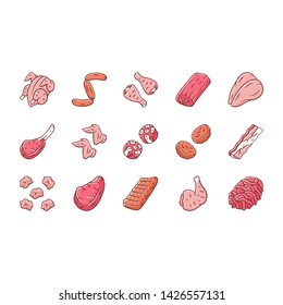 Butchers meat color icons set. Chicken drumsticks, breast and ham. Bacon, burger patties, steaks, oxtails. Butchery business. Meat production and sale. Protein sources. Isolated vector illustrations