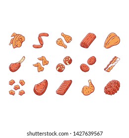 Butchers meat color icons set. Grilled chicken drumsticks, breast and ham. Bacon, burger patties, steaks, oxtails. Butchery business. Roasted meat production and sale. Isolated vector illustrations