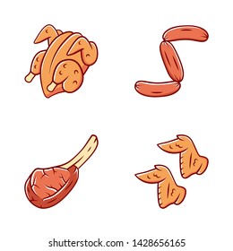 Butchers meat color icons set. Grilled chicken carcase and wings, tomahawk steak, sausages, pork rib. Protein sources. Butchery business. Roasted meat production and sale. Isolated vector illustration