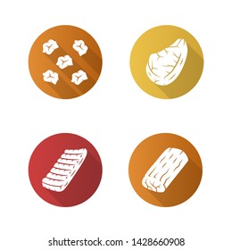 Butchers meat flat design long shadow glyph icons set. Pork steak, roast, pre cut meat, beef ribs. Meat production and sale. Butchery business. Protein sources. Vector silhouette illustration
