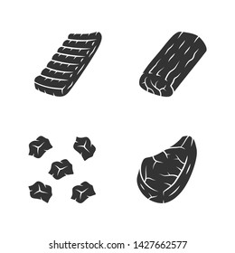 Butchers meat glyph icons set. Pork steak, roast, pre cut meat, beef ribs.  Meat production and sale. Butchery business. Protein sources. Silhouette symbols. Vector isolated illustration