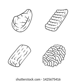 Butchers meat linear icons set. Ground meat, pork steak, pork roast, beef ribs.Butchery business. Protein sources. Thin line contour symbols. Isolated vector outline illustrations. Editable stroke